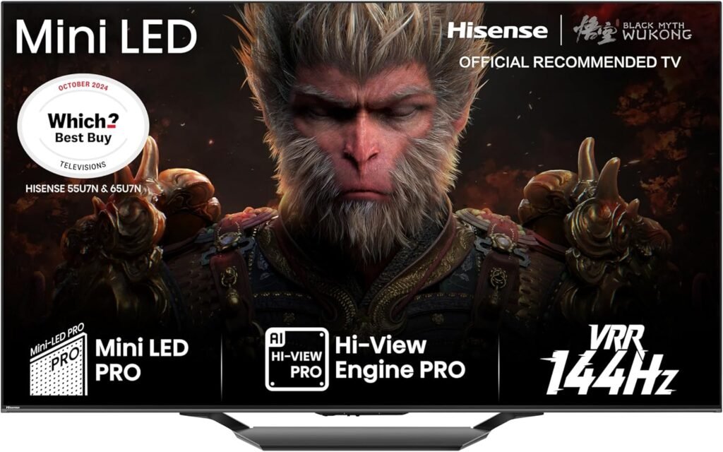 Hisense 55 Inch 144Hz Mini-LED Smart TV 55U7NQTUK – Quantum Dot Colour, Dolby Vision IQ & Atmos, iMax Enhanced, Built-in Subwoofer and Vidaa OS with Freely, Youtube, Netflix and Disney+ (2024 Model)