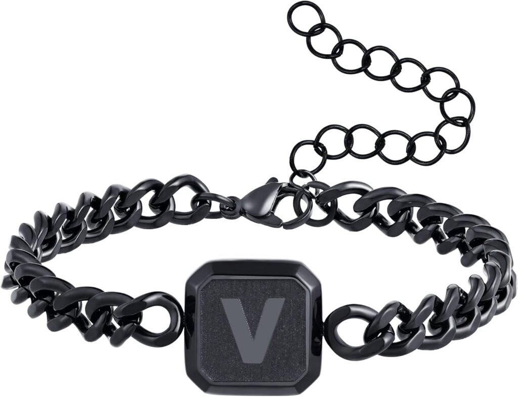 Initial Bracelet Black Squre A-Z Letter Cuban Link Chain Mens Bracelets Adjustable Size Stainless Steel Men Jewelry Gifts for Husband Dad Brother Son Initial Bracelet Black Squre A-Z Letter Cuban Link Chain Mens Bracelets Adjustable Size Stainless Steel Men Jewelry Gifts for Husband Dad Brother Son