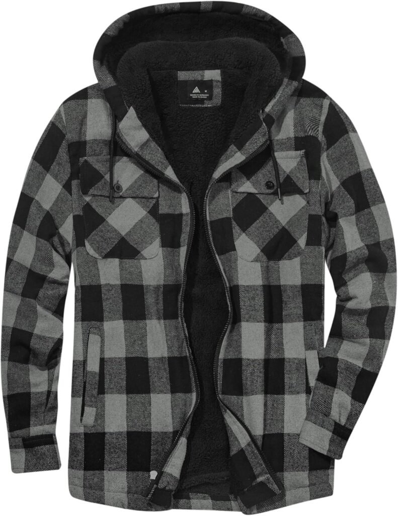 JACKETOWN Men’s Fleece Jackets Checked Flannel Shirt Long Sleeve Casual Work Plaid Shirt Full Zip Up Warm Hoodie WinterJacke Outwear Lined Padded Lumberjack Checked