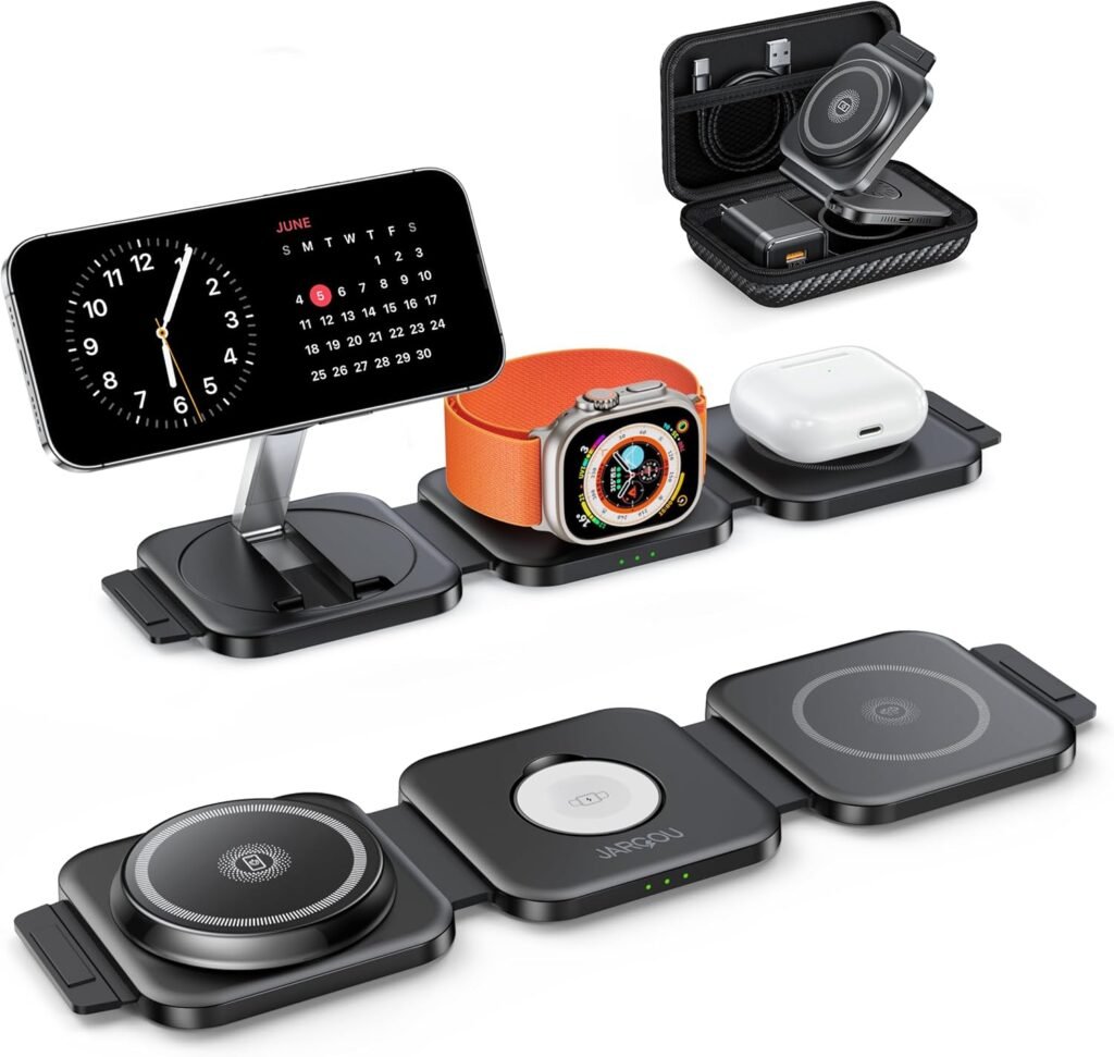 JARGOU 3 in 1 Wireless Charger,Foldable Travel Wireless Charger Station for iPhone 16/15/14/13/12 Series,Apple Watch Charger for iWatch 9/Ultra 2/Ultra/8/7/6/SE/5/4/AirPods 2/3/Pro JARGOU 3 in 1 Wireless Charger,Foldable Travel Wireless Charger Station for iPhone 16/15/14/13/12 Series,Apple Watch Charger for iWatch 9/Ultra 2/Ultra/8/7/6/SE/5/4/AirPods 2/3/Pro