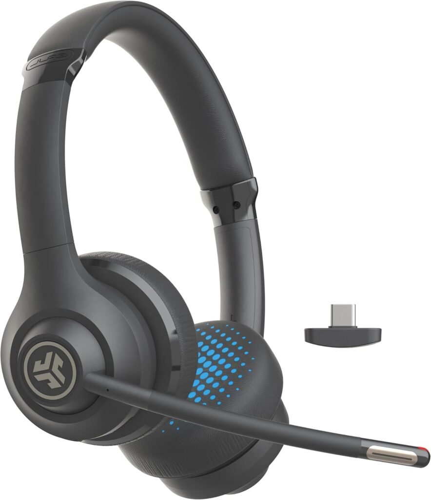 JLab Go Work 2nd Gen Wireless Headsets with Microphone – 55+H Bluetooth Computer Headset or USB C Dongle, Multipoint Connect, On Ear Wired or Wireless Office PC Laptop Headphones with Microphone