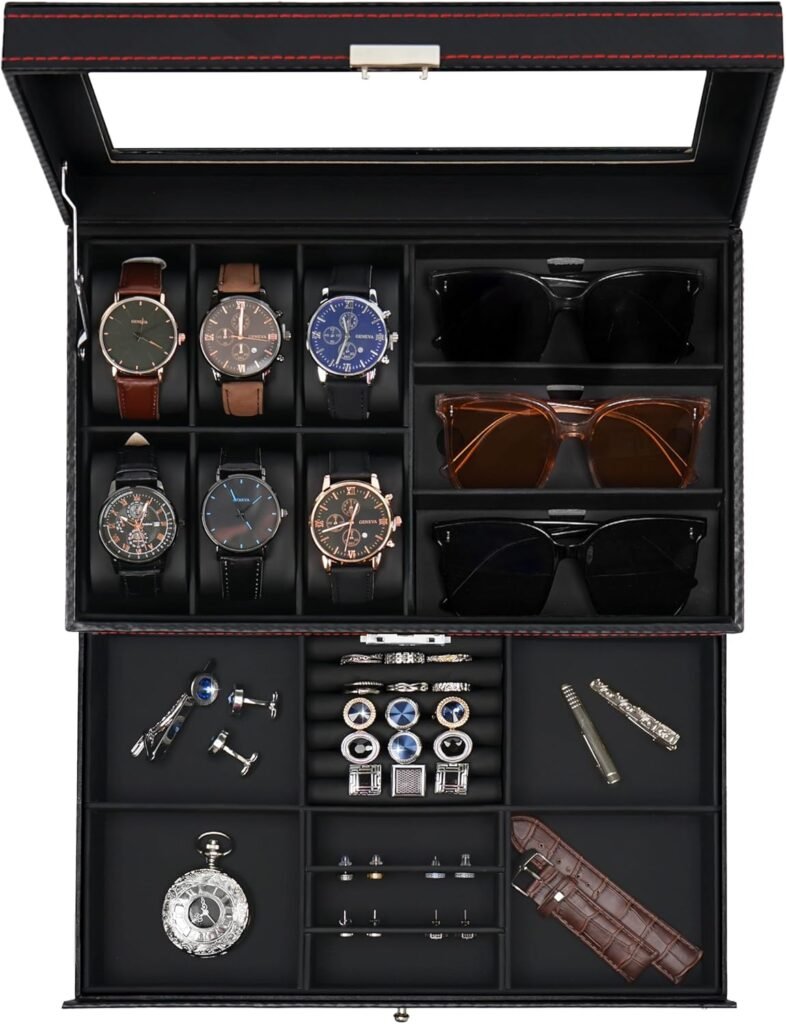 JUPELI Watch Box, Leather Mens Jewellery Box with 6 Slot Watch Case & 3 Slot Sunglasses Organiser, 2 Layers Lockable Watch Holder Organiser with Glass Lid For Earrings, Rings, Bracelets, Gifts for Men