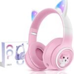 JYPS Kids Wireless Headphones, Cat Ear Headphones with LED Lights for Kids/Boys/Girls/Toddler Aged 3+, Childrens Bluetooth Headphones Foldable with Microphone for Kindle/iPad/Fire Tablet (Pink)