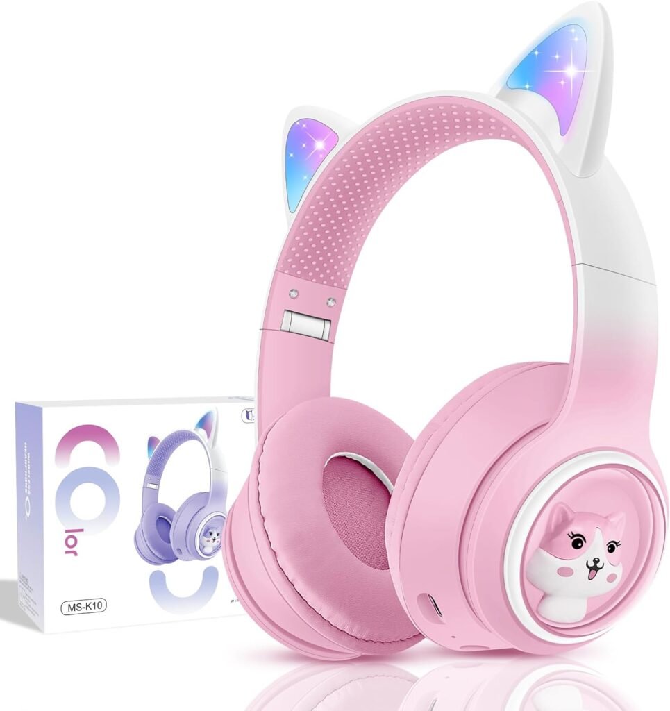 JYPS Kids Wireless Headphones, Cat Ear Headphones with LED Lights for Kids/Boys/Girls/Toddler Aged 3+, Childrens Bluetooth Headphones Foldable with Microphone for Kindle/iPad/Fire Tablet (Pink)