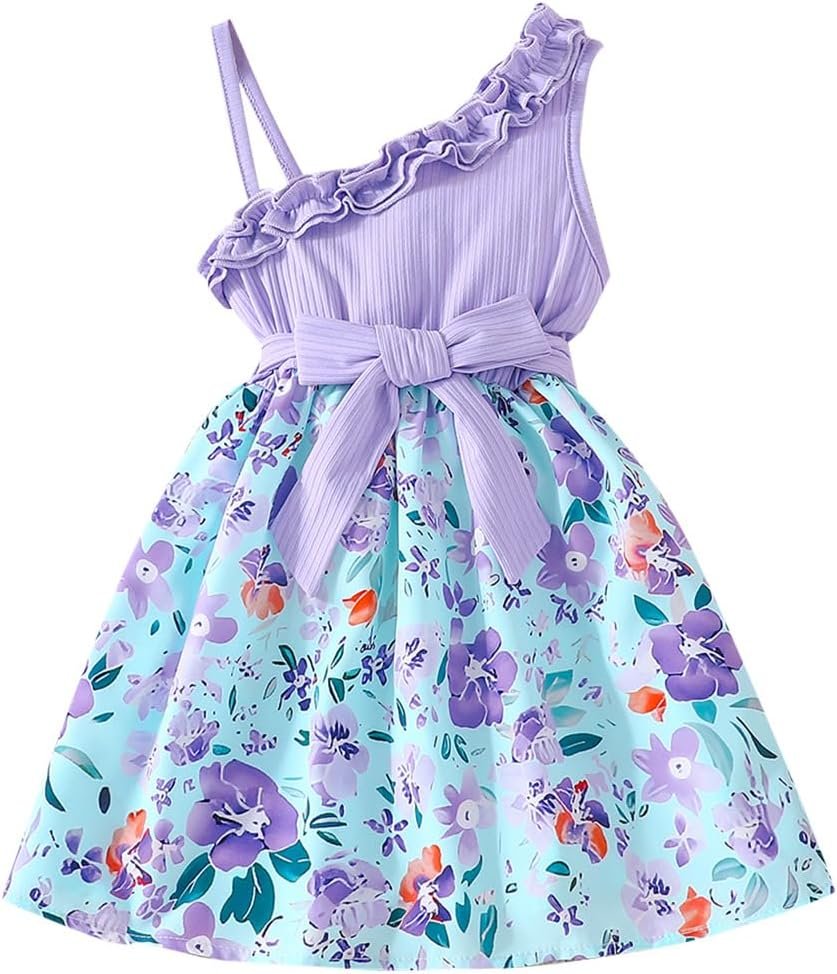 JiAmy Baby Girl Dress Ruffled Neckline One Shoulder Strap Dresses Patchwork Bowknot Belt Floral Skirt Toddler Girls Clothes Summer Casual Outfits for 18Months-6Years JiAmy Baby Girl Dress Ruffled Neckline One Shoulder Strap Dresses Patchwork Bowknot Belt Floral Skirt Toddler Girls Clothes Summer Casual Outfits for 18Months-6Years