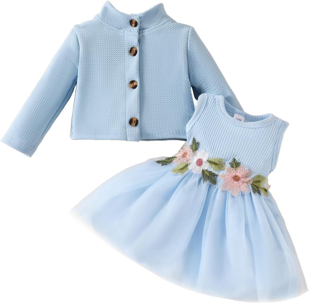 JiAmy Baby Girls Dress Outfits Sleeveless Floral Print Tulle Tutu Dresses Long Sleeve Waffle Cardigan Coat 2Pcs Clothes Set for Toddler Girl 6 Months-3 Years JiAmy Baby Girls Dress Outfits Sleeveless Floral Print Tulle Tutu Dresses Long Sleeve Waffle Cardigan Coat 2Pcs Clothes Set for Toddler Girl 6 Months-3 Years