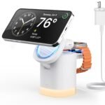 JoyGeek 3-in-1 Charger Stand for Magsafe, Foldable Wireless Charging Station with Night Lights – Magnetic Charger Dock for iPhone 15/14/13/12 Pro/Max/Plus, AirPods, Apple Watch 2-9/Ultra (White)