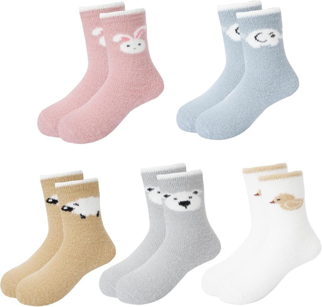 Jupsk Baby Winter Fuzzy Socks 5 Pairs Non Slip Warm Coral Fleece Crew Socks for Kids Toddler Girls and Boys 1-5 Years Multipack