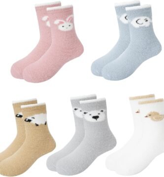 Jupsk Baby Winter Fuzzy Socks 5 Pairs Non Slip Warm Coral Fleece Crew Socks for Kids Toddler Girls and Boys 1-5 Years Multipack