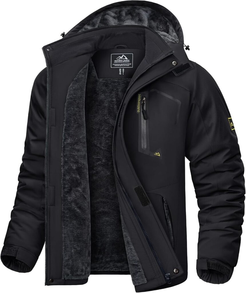 KEFITEVD Men’s Waterproof Fleece Jackets Winter Warm Ski Raincoats Outdoor Thermal Coats with Detachable Hood