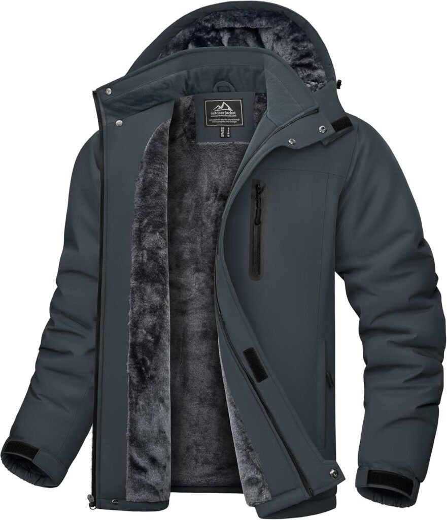 KEFITEVD Men’s Waterproof Skiing Jacket Fleece Winter Coat Sports Outdoor Windproof Warm Jacket with Hood