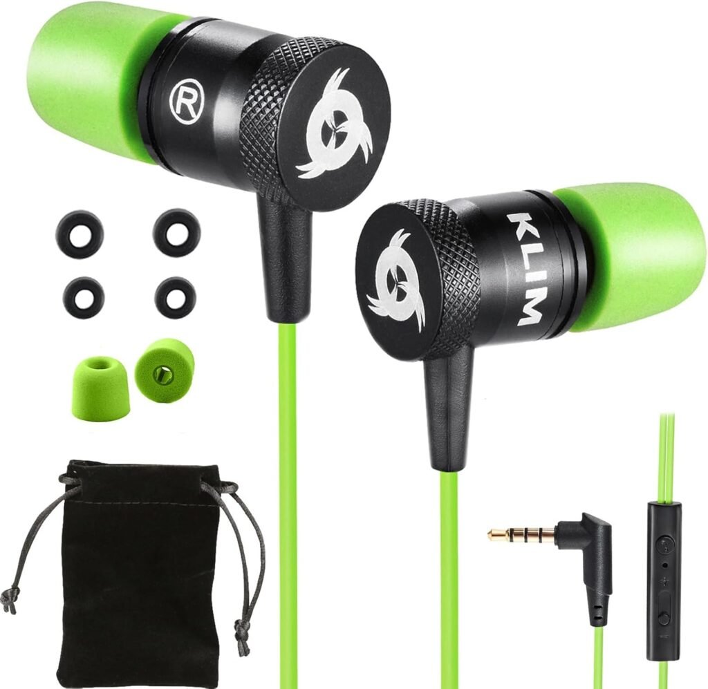 KLIM Fusion Earbuds with Microphone – NEW 2023 – Long-Lasting Wired Ear Buds – Innovative: in-Ear with Memory Foam – Earphones with Mic and 3.5mm Jack – Green