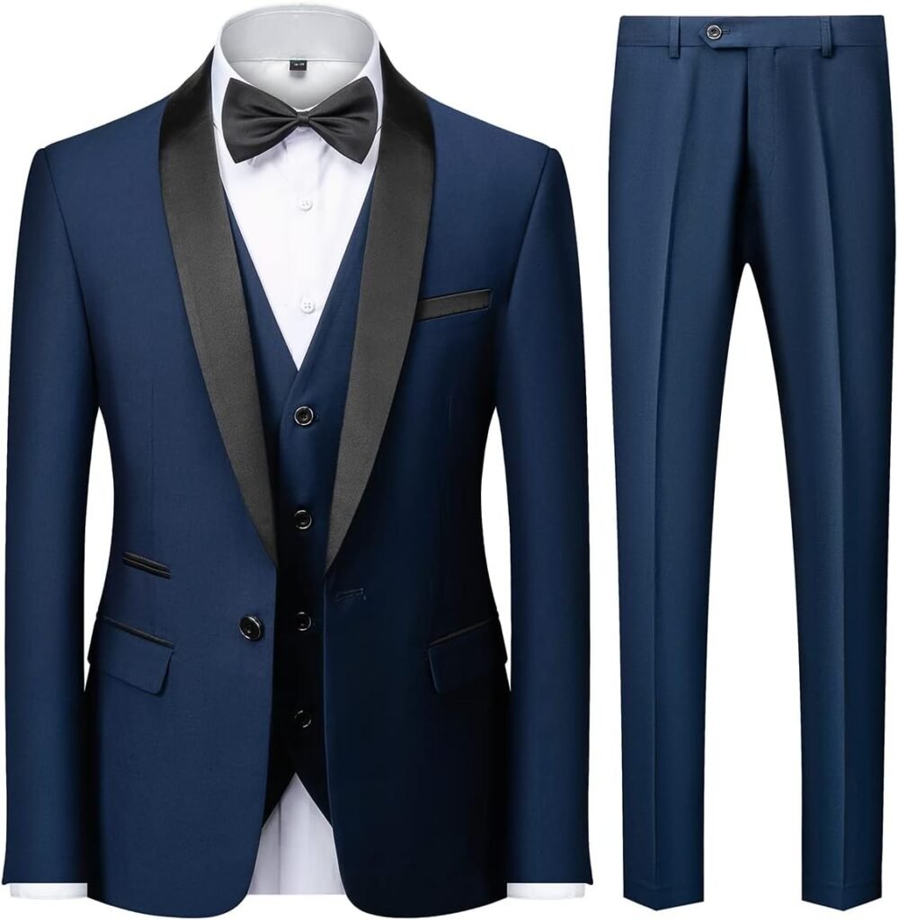KUDMOL Mens 3 Pieces Suit Slim Fit One Button Shawl Lapel for Wedding Prom Blazer Vest Trousers Set
