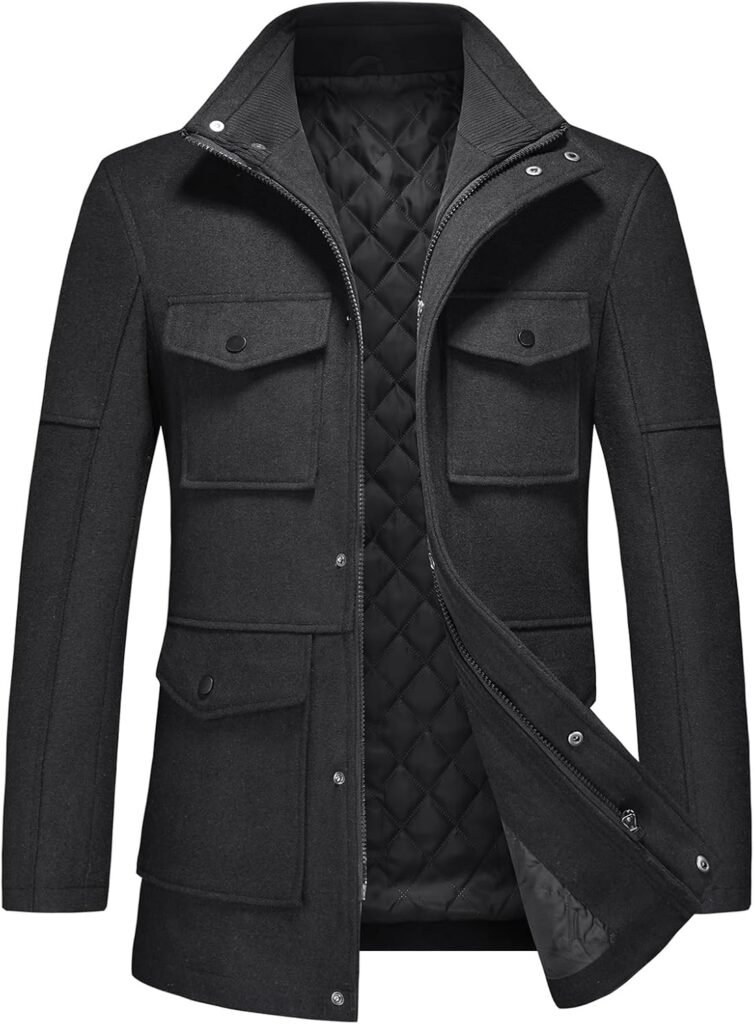 KUDMOL Men’s Warm Winter Coat Mid-Length Multiple Pockets Overcoat Casual Peacoat