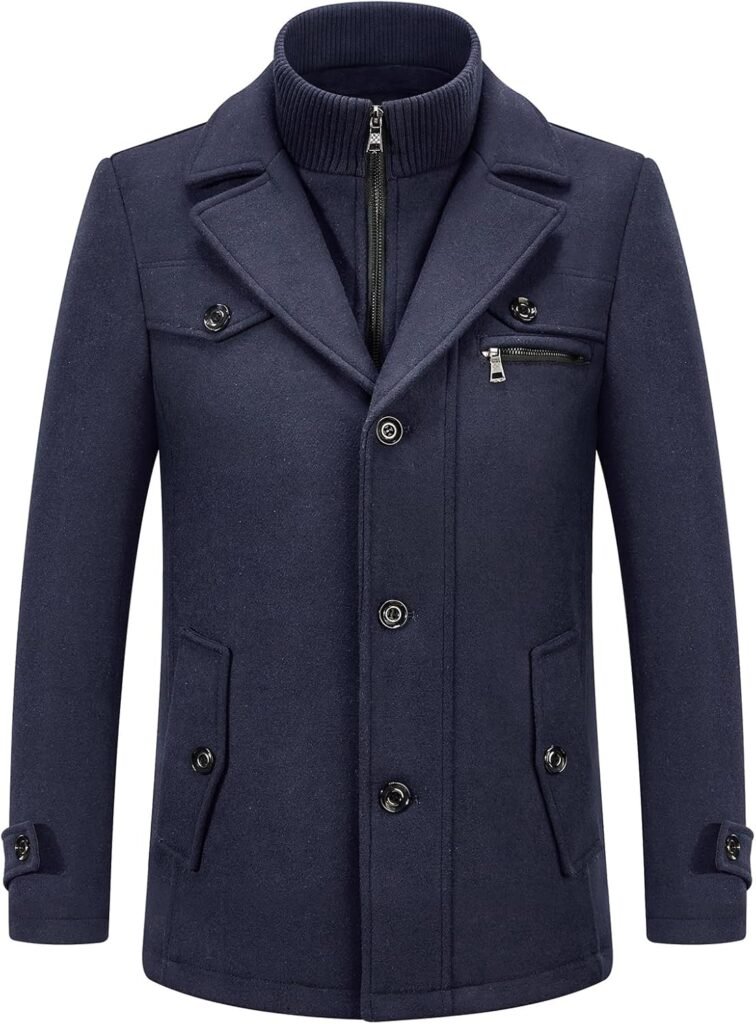 KUDORO Mens Wool Coats Winter Padded Trench Coat for Casual Business Outwear Thick Wool Blend Peacoat with Removable Inner Collar
