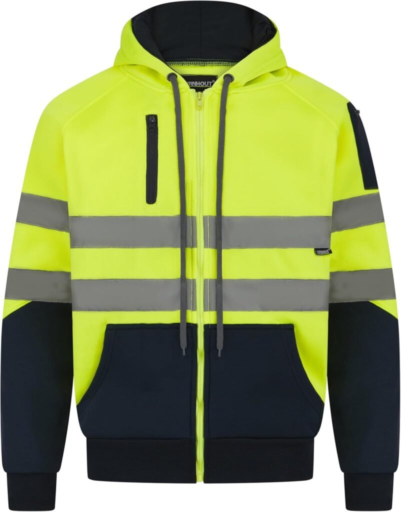 LABEL APPAREL Hi Vis MensHoodie Longsleeve Reflective Tape Hooded Winter Zipper Jacket Security High Visibility Workwear Sweatshirt for Men UK LABEL APPAREL Hi Vis MensHoodie Longsleeve Reflective Tape Hooded Winter Zipper Jacket Security High Visibility Workwear Sweatshirt for Men UK