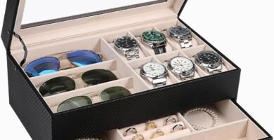 LANDICI Watch Box Organiser Jewellery box for Men Women, 2 Layer 6 Slot PU Leather Watch Storage Case with Glass Top, Large Jewelry Display Holder for Sunglasses Necklace Earring Ring, Black LANDICI Watch Box Organiser Jewellery box for Men Women, 2 Layer 6 Slot PU Leather Watch Storage Case with Glass Top, Large Jewelry Display Holder for Sunglasses Necklace Earring Ring, Black