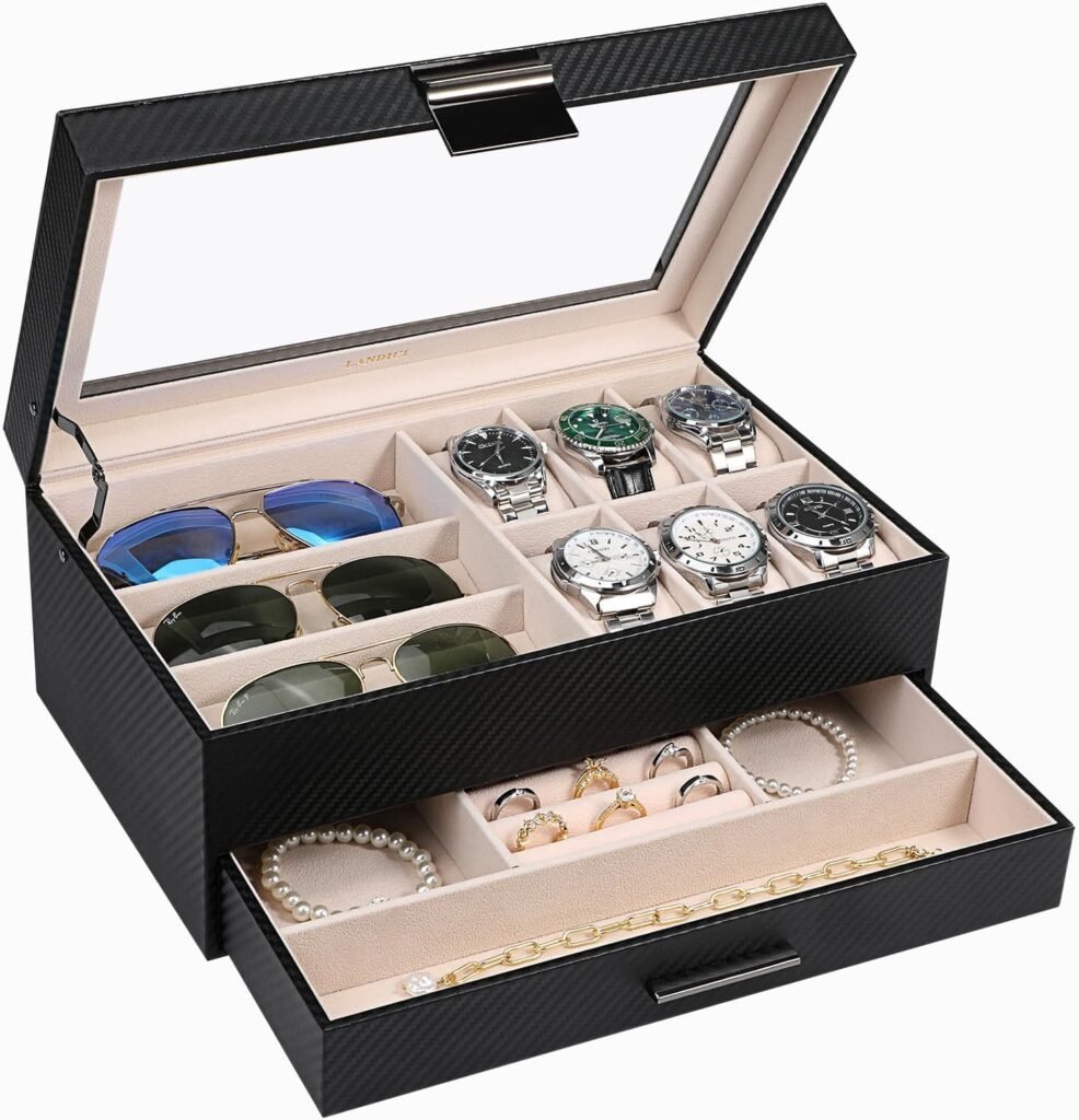 LANDICI Watch Box Organiser Jewellery box for Men Women, 2 Layer 6 Slot PU Leather Watch Storage Case with Glass Top, Large Jewelry Display Holder for Sunglasses Necklace Earring Ring, Black
