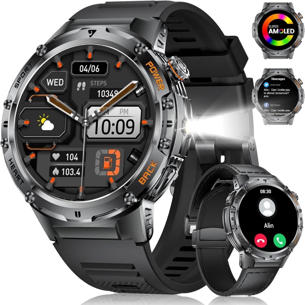 LIGE Smart Watch for Men with Bluetooth Calling, 1.43 “AMOLED Military Smart Watches for Men with LED Flashlight, IP68 Waterproof/530mAh Battery/Health Monitoring, Android iOS Step Counter Watch LIGE Smart Watch for Men with Bluetooth Calling, 1.43 “AMOLED Military Smart Watches for Men with LED Flashlight, IP68 Waterproof/530mAh Battery/Health Monitoring, Android iOS Step Counter Watch