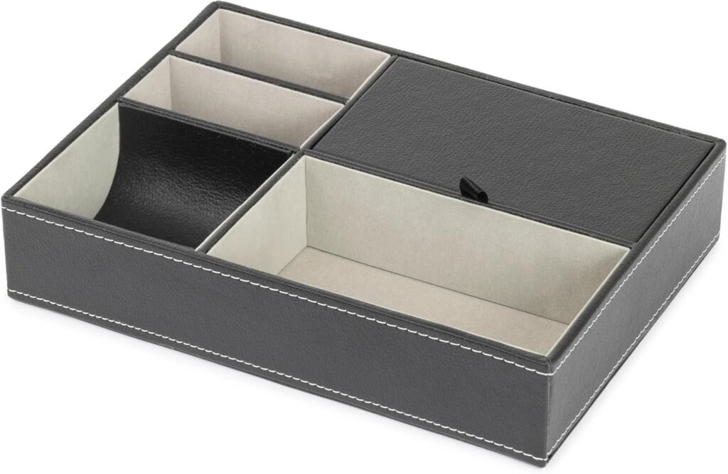 LIVIVO Deluxe 5 Compartment Valet Organiser Tray – Black Textured Leather Faux Suede Lined Mens Jewellery Storage Box with Hinged Lid – Ideal Valentines Gift for Him (Grey) LIVIVO Deluxe 5 Compartment Valet Organiser Tray – Black Textured Leather Faux Suede Lined Mens Jewellery Storage Box with Hinged Lid – Ideal Valentines Gift for Him (Grey)