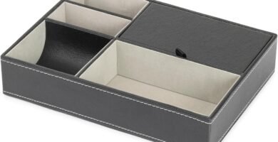 LIVIVO Deluxe 5 Compartment Valet Organiser Tray – Black Textured Leather Faux Suede Lined Mens Jewellery Storage Box with Hinged Lid – Ideal Valentines Gift for Him (Grey) LIVIVO Deluxe 5 Compartment Valet Organiser Tray – Black Textured Leather Faux Suede Lined Mens Jewellery Storage Box with Hinged Lid – Ideal Valentines Gift for Him (Grey)