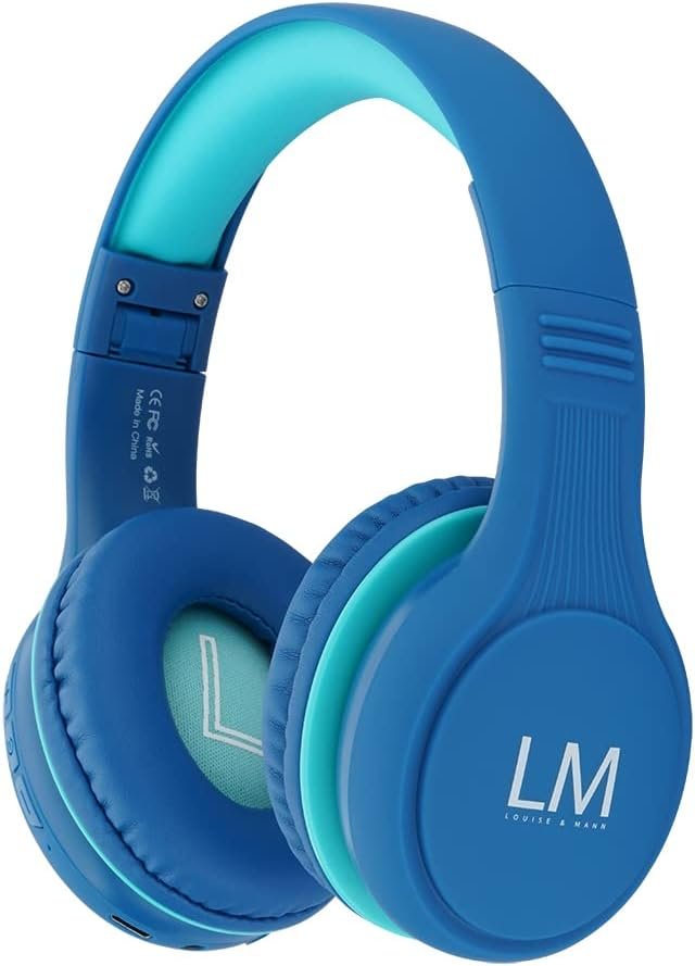 Louise & Mann Kids Bluetooth Headphones with Volume Limit, Over Ear Headphones for Kids, Foldable On Ear Headphones with Microphone, Micro SD/TF for School, Travel, Cell Phones, PC,Tablets- Ocean Blue