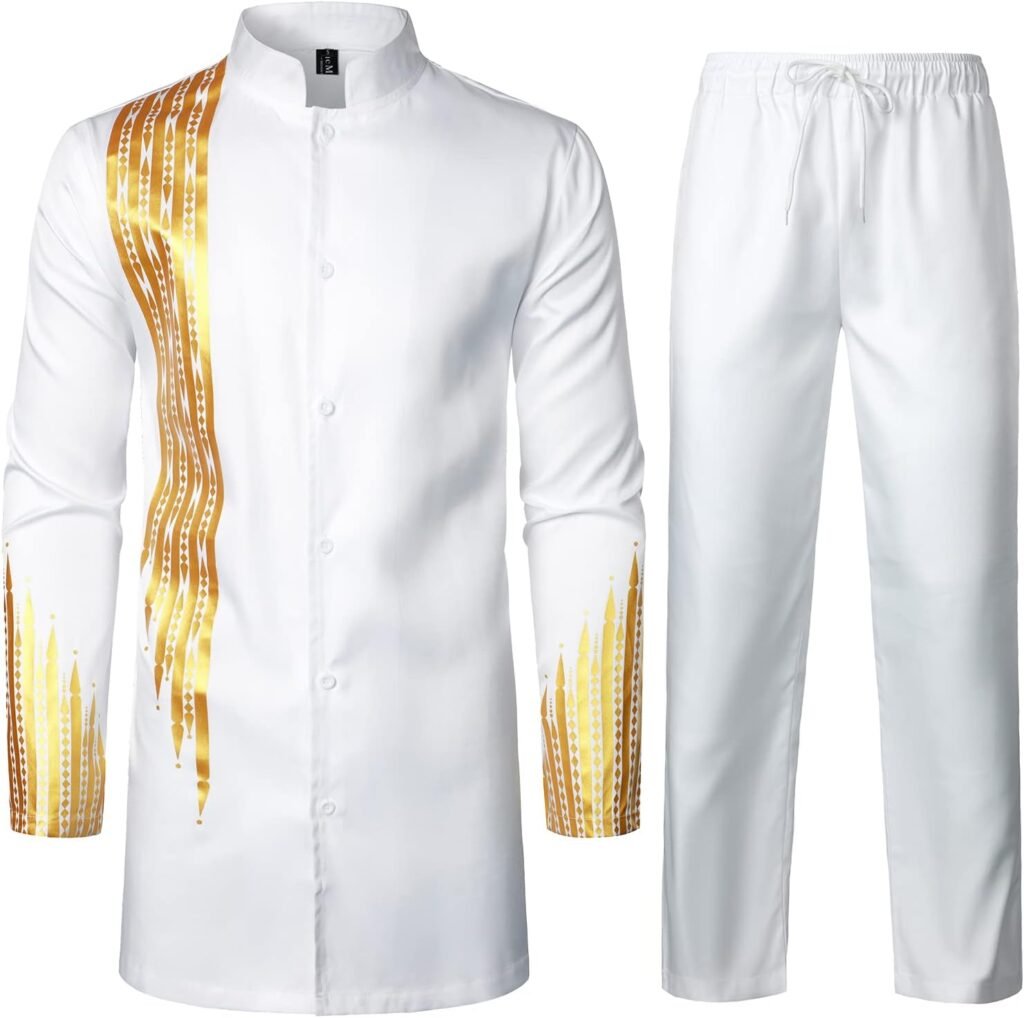 LucMatton Men’s 2 Piece Outfit Long Sleeve Button up Shirt and Pants Traditional Ethnic Suit