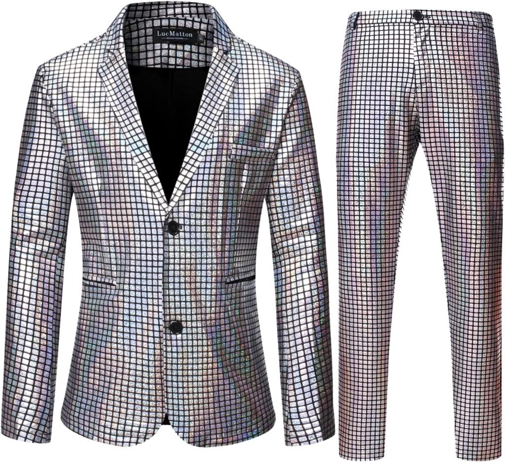 LucMatton Men’s Metallic Sequin Suits 2 Piece Disco Sets, Shiny Jacket and Pants for Formal Events, Regular Fit, Long Sleeve, Dry Clean Only, UK Size, Suit LucMatton Men’s Metallic Sequin Suits 2 Piece Disco Sets, Shiny Jacket and Pants for Formal Events, Regular Fit, Long Sleeve, Dry Clean Only, UK Size, Suit