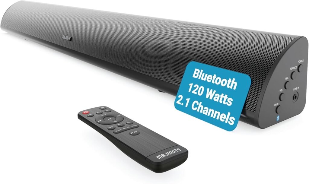 MAJORITY Bluetooth Sound Bar for TV | Built-in Subwoofer | 120 Watts 2.1 Channel Sound | RCA, Optical, and AUX Connection | Wall Mountable | Remote Control included Snowdon TV Soundbar MAJORITY Bluetooth Sound Bar for TV | Built-in Subwoofer | 120 Watts 2.1 Channel Sound | RCA, Optical, and AUX Connection | Wall Mountable | Remote Control included Snowdon TV Soundbar