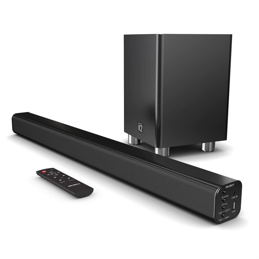 MAJORITY K2 Sound Bar with Subwoofer | 150W Powerful Stereo 2.1 Channel Sound Bar for TV | Home Theatre 3D Surround Sound I HDMI ARC, Bluetooth, Optical & RCA Connection I USB & AUX Playback | Black MAJORITY K2 Sound Bar with Subwoofer | 150W Powerful Stereo 2.1 Channel Sound Bar for TV | Home Theatre 3D Surround Sound I HDMI ARC, Bluetooth, Optical & RCA Connection I USB & AUX Playback | Black