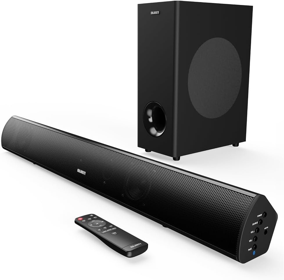 MAJORITY Teton Plus | Bluetooth TV Soundbar with Subwoofer | 81cm, 180 Watts, 5.25″ Wireless Subwoofer Driver 2.1 Surround Sound System | HDMI ARC, USB, Optical & RCA | Custom EQ & Remote Control