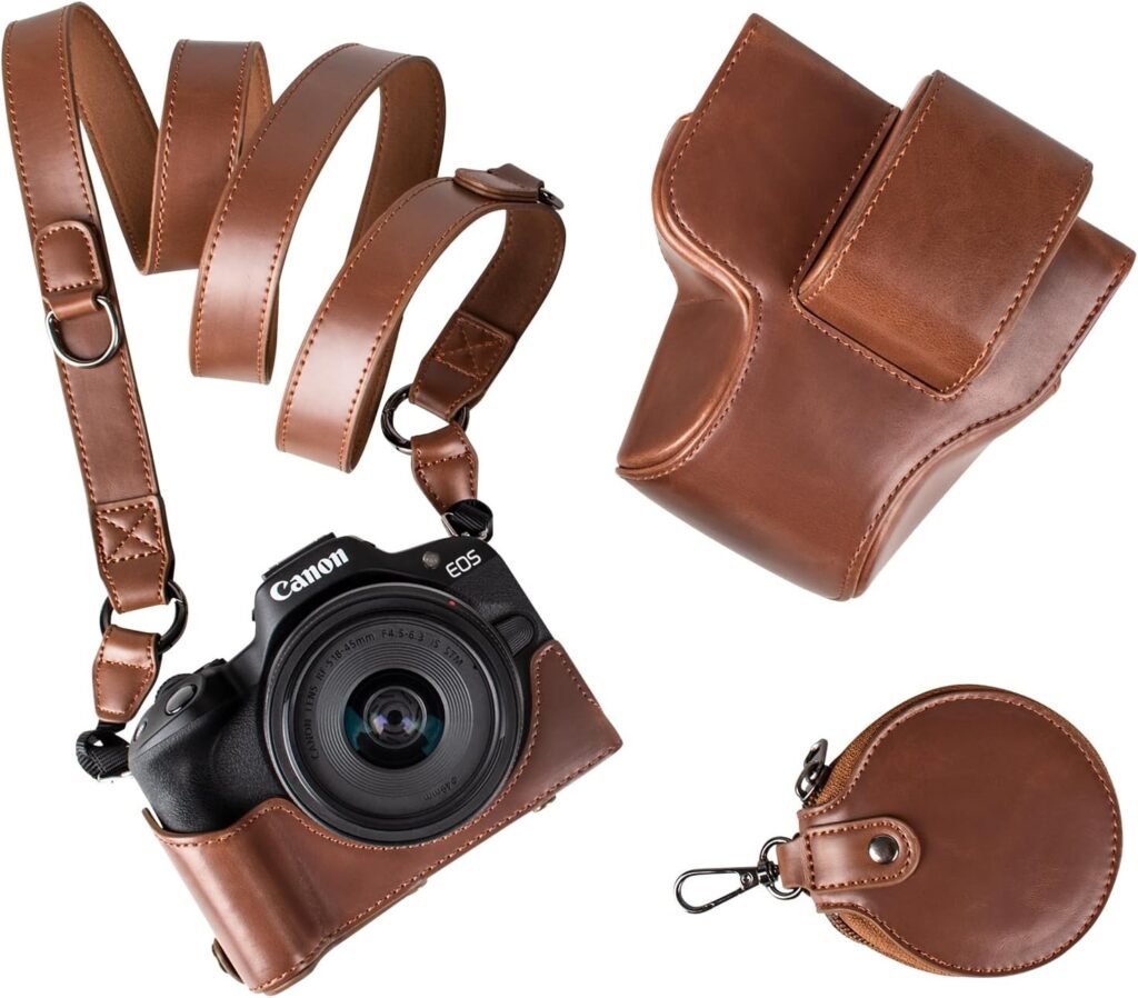 MUZIRI KINOKOO EOS R50 R100 Case, Retro PU Leather Camera Case Bag Cover for Canon EOS r50 r100 DSLR Camera – EOS R50 R100 Case with Bottom Opening Version & Shoulder Strap & Storage Pocket – Coffee MUZIRI KINOKOO EOS R50 R100 Case, Retro PU Leather Camera Case Bag Cover for Canon EOS r50 r100 DSLR Camera – EOS R50 R100 Case with Bottom Opening Version & Shoulder Strap & Storage Pocket – Coffee