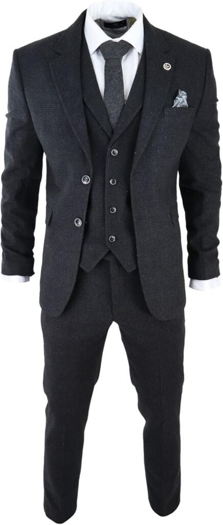 Mens Black Tweed 3 Piece Suit Check Vintage 1920s Gatsby Blinders Tailored Fit Mens Black Tweed 3 Piece Suit Check Vintage 1920s Gatsby Blinders Tailored Fit