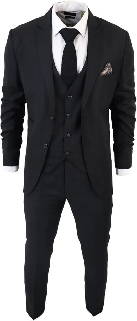 Men’s Classic Black Suit 3 Piece Tailored Fit Vintage Office Funeral Security Waiter Wedding