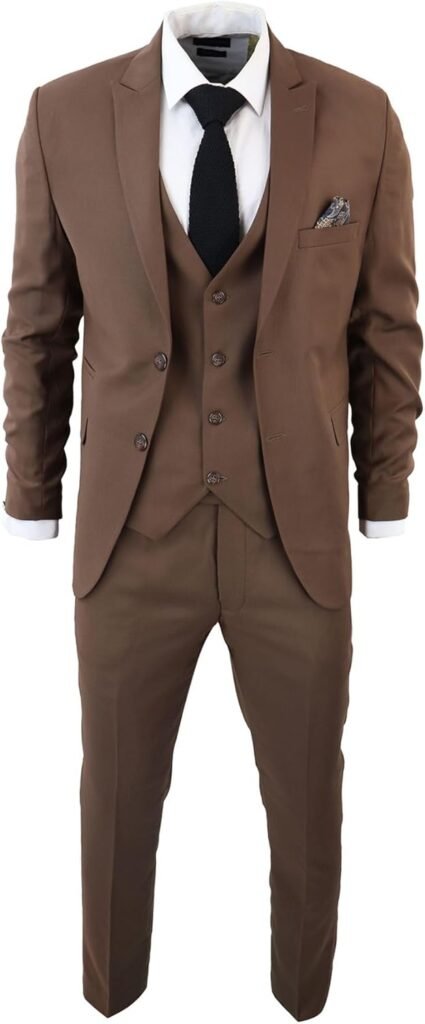 Men’s Classic Brown Suit 3 Piece Tailored Fit Vintage Office Wedding Prom