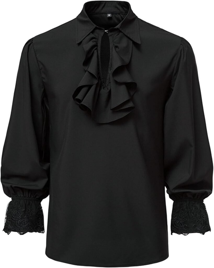 Men’s Renaissance Steampunk Victorian Long Sleeve Jabot Collar Medieval Pirate Shirt Tops