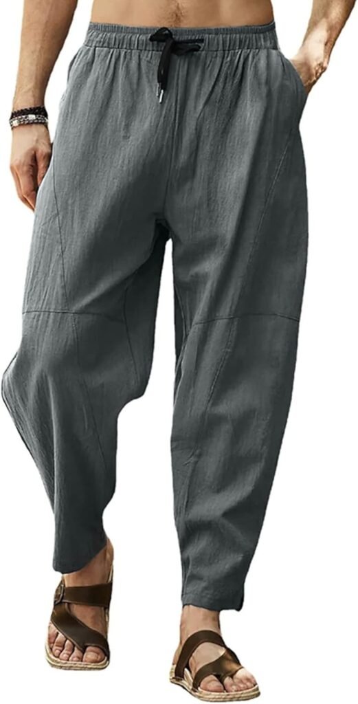 Men’s Solid Casual Cotton Trousers Casual Lightweight Wide Leg Yoga Beach Pants with Pocket