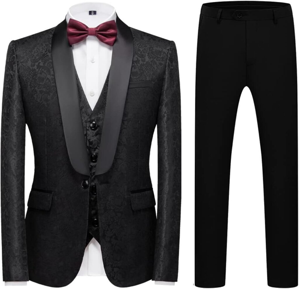 Mens Suits 3 Piece Tuxedo Slim Fit Paisley Jacquard Tuxedo Suit Casual Business One Button for Wedding Dinner Party Mens Suits 3 Piece Tuxedo Slim Fit Paisley Jacquard Tuxedo Suit Casual Business One Button for Wedding Dinner Party