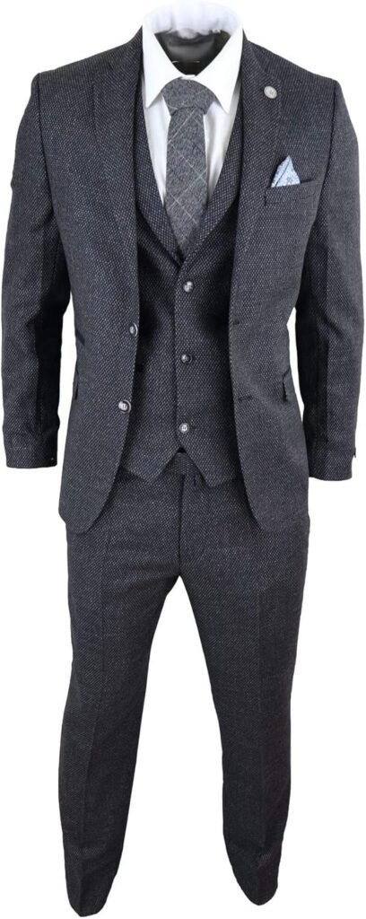 Mens Wool 3 Piece Suit Tweed Charcoal Black Tailored Fit Classic Mens Wool 3 Piece Suit Tweed Charcoal Black Tailored Fit Classic