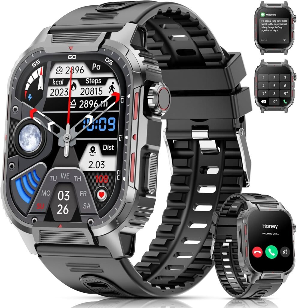 Military Smart Watches for Men Answer/Make Calls, 2.02″ HD Large Screen Fitness Watch with Heart Rate Blood Oxygen Sleep Monitor Pedometer, 123 Sports Modes Smart Watch for Android iOS Phones