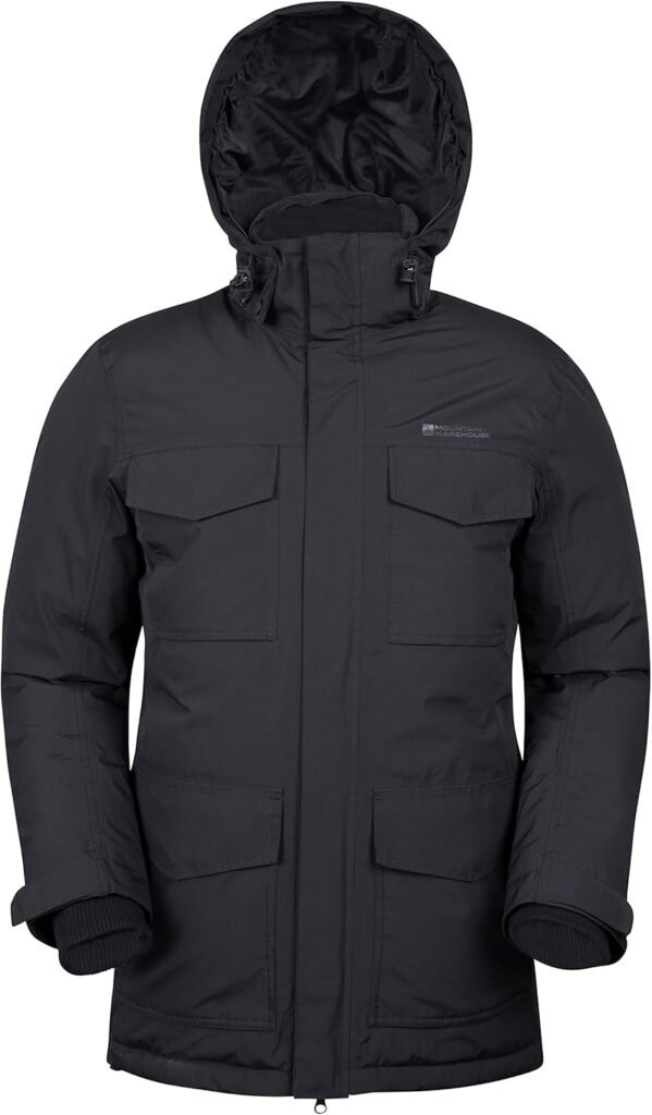 Mountain Warehouse Concord Extreme Mens Down Long Jacket – Taped Seams, Waterproof, Detachable Hoodie, 4 Pockets – Perfect For Cold Winter Weather