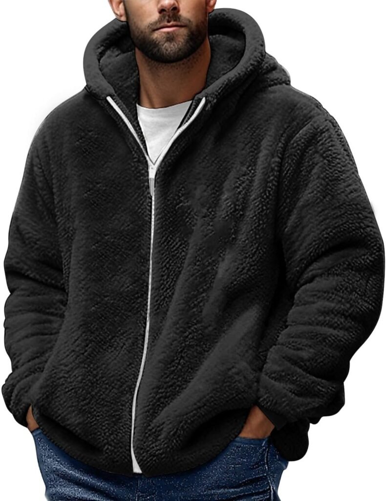 Mrat Men’s Winter Fleece Coat Fuzzy Sherpa Hoodies Fluffy Fleece Jackets Long Sleeve Zip Up Tops Thermal Open Front Hoodies Casual Warm Coat Outerwear Windproof Jacket Loose Fit Pullover Clearance 4XL