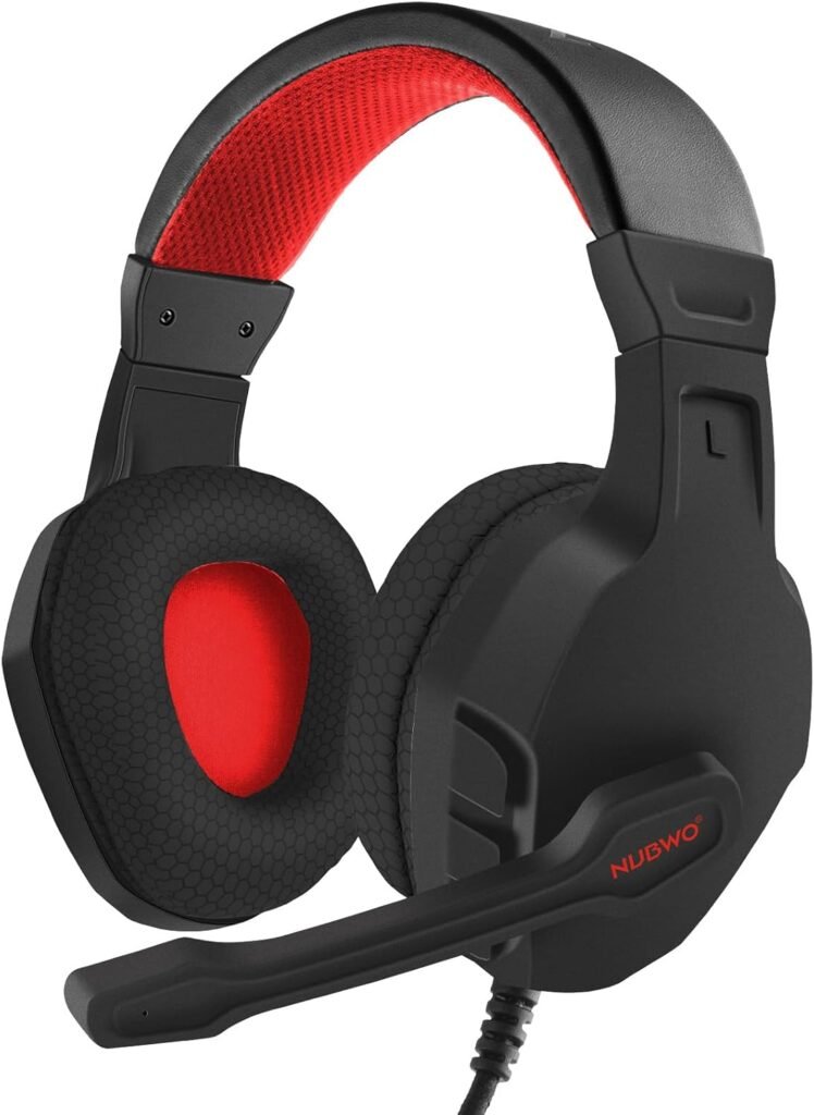 NUBWO U3 Gaming Headset with Mic for PC, PS4, PS5, Xbox One, Mac, NS, Wired Over-Ear Gaming Headphones with Mic Clear Call, Lightweight & in-Line Control-Red