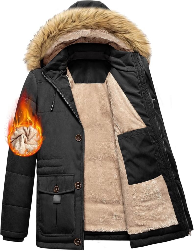 Nadeer Men’s Parka Coat Winter Warm Jacket Hooded Outerwear Fleece Lined Thick Coat with Detachable Faux Fur Hood Windproof Overcoat