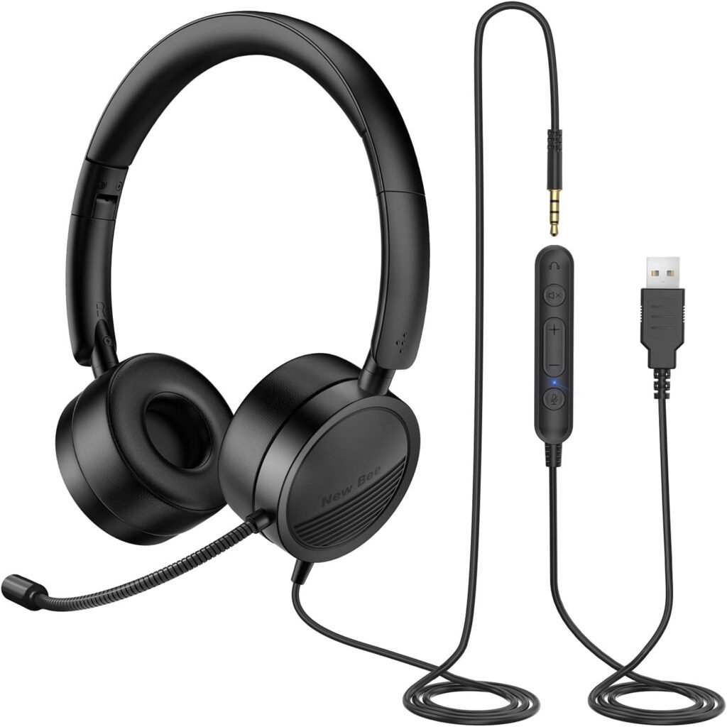 New bee USB Headset with Microphone for PC Laptop, Computer Headsets with 3.5mm Jack 2-in-1 Audio Controls Clear Stereo Sound for Office Call Center Business Skype Chat Online Courses