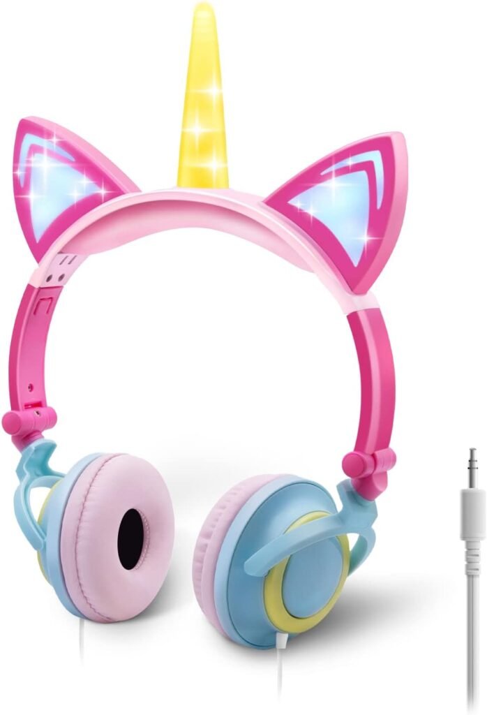 ONTA Unicorn Kids Headphones,Cat Ear LED Light Up Foldable Earphone Wired Over On Ear for Girls Boys,Kids Headband Toddler Tablet for School Supply/Travel/Holiday/Birthday/Cosplay Gifts (Pink Yellow)