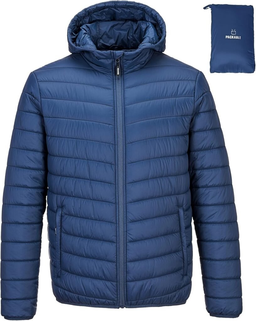 Outdoor Ventures Mens Puffer Jacket Lightweight Water Resistant Hooded Jacket Insulated Puffy Coat Winter Packable Men’s Jacket with Pockets for Hiking Camping Travelling
