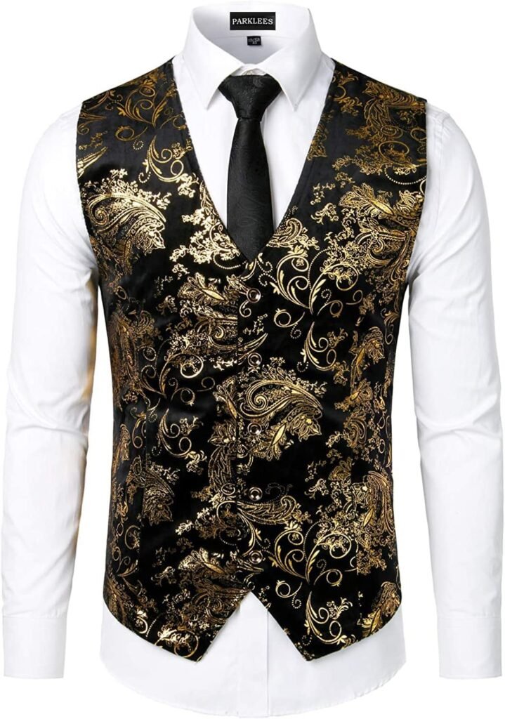 PARKLEES Mens Luxury Metallic Paisley Gold Printed Waistcoat Shiny Wedding Prom Party Vest for Suit or Tuxedo PARKLEES Mens Luxury Metallic Paisley Gold Printed Waistcoat Shiny Wedding Prom Party Vest for Suit or Tuxedo