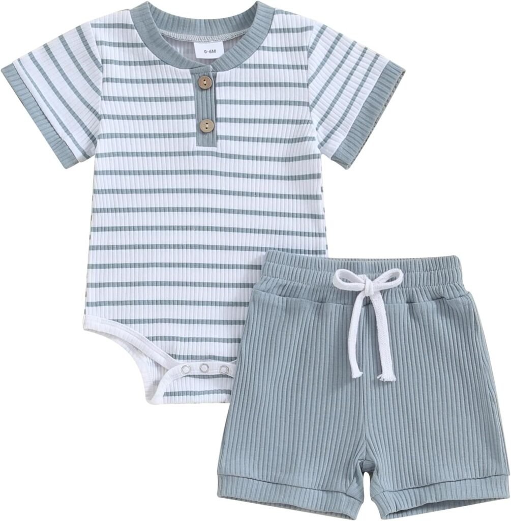 PanLidapan Newborn Summer Going out clothes Baby 2 Piece Outfits Striped Scoop Neck Short Sleeve Romper and Elastic Solid Color Shorts for Toddler Girl Boy PanLidapan Newborn Summer Going out clothes Baby 2 Piece Outfits Striped Scoop Neck Short Sleeve Romper and Elastic Solid Color Shorts for Toddler Girl Boy