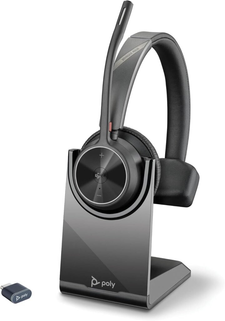Poly Voyager 4310 UC Wireless Headset & Charge Stand – Single-Ear Bluetooth Headset w/Noise-Canceling Boom Mic – Connect PC/Mac/Mobile – Works w/Teams (Certified), Zoom